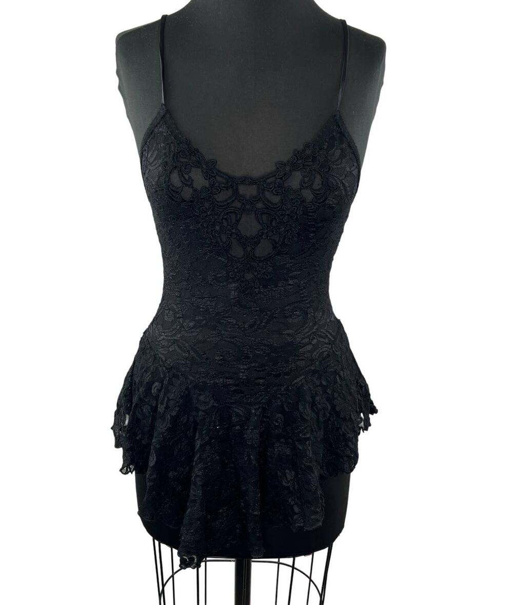 ADONNA Black Floral Lace Semi-Sheer Lingerie Babydoll Sleep Dress Ruffle Hem S